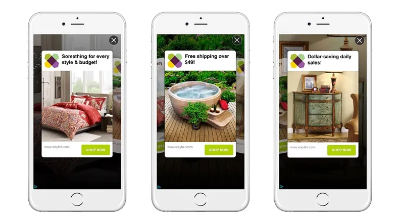 Three mobile ads showcasing home decor and furniture deals, emphasizing the impact of video marketing in mobile eCommerce.